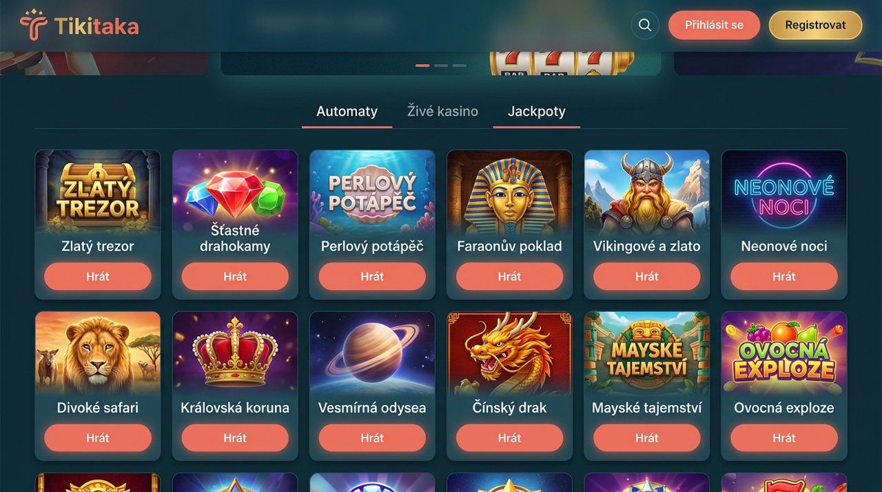 Úvodní stránka online casina Tikitaka s nabídkou automatů, živého kasina a jackpotů