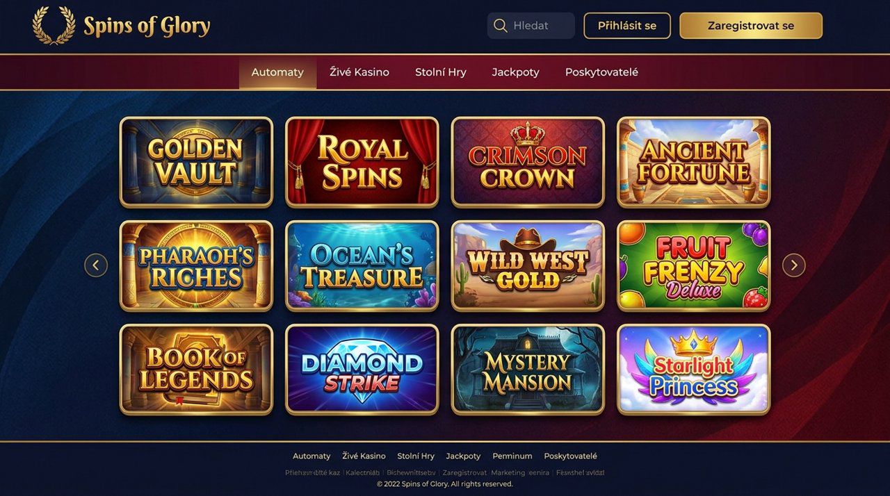 Ukázka hlavní stránky online casina Spins of Glory s nabídkou automatů a kategoriemi her