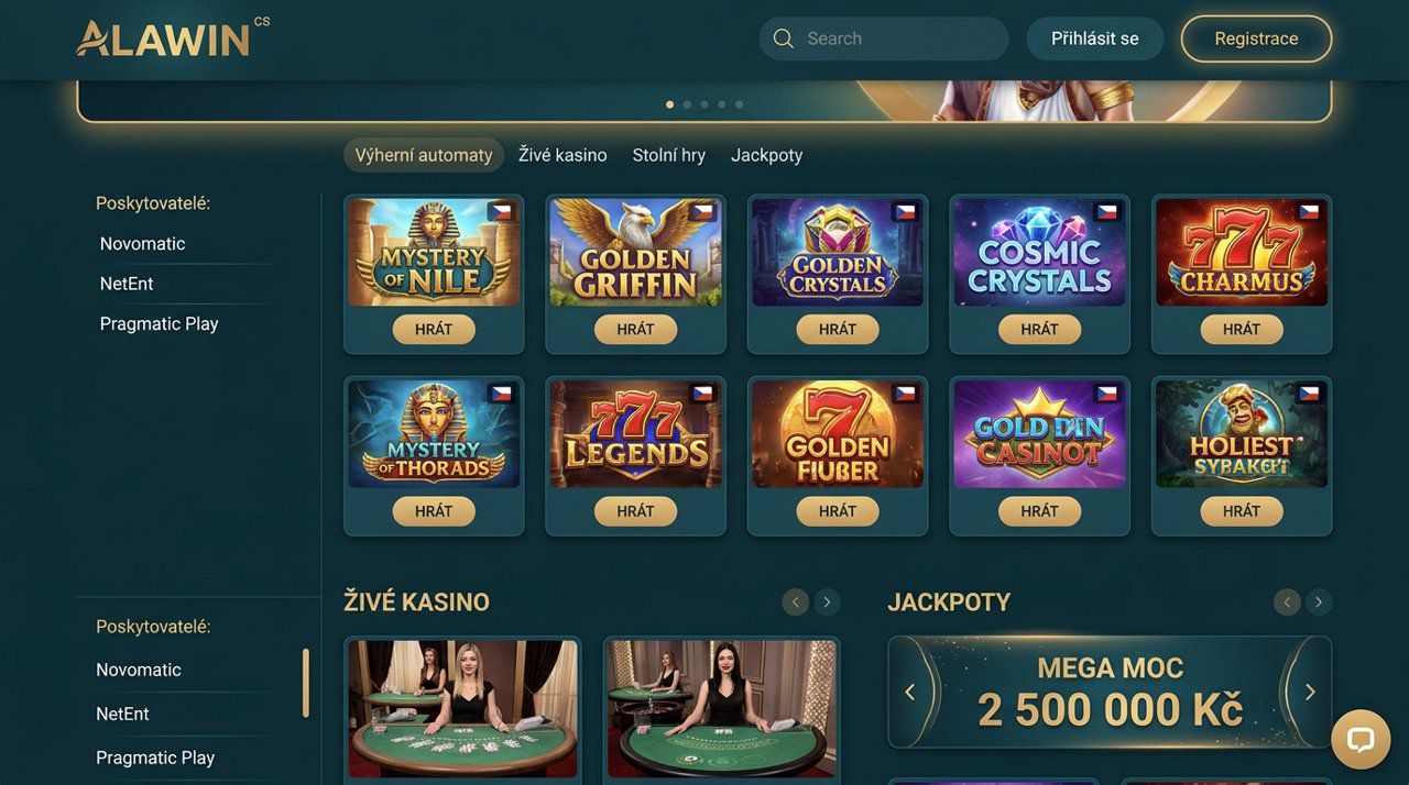 Úvodní stránka online casina Alawin s nabídkou automatů, živého casina a jackpotů