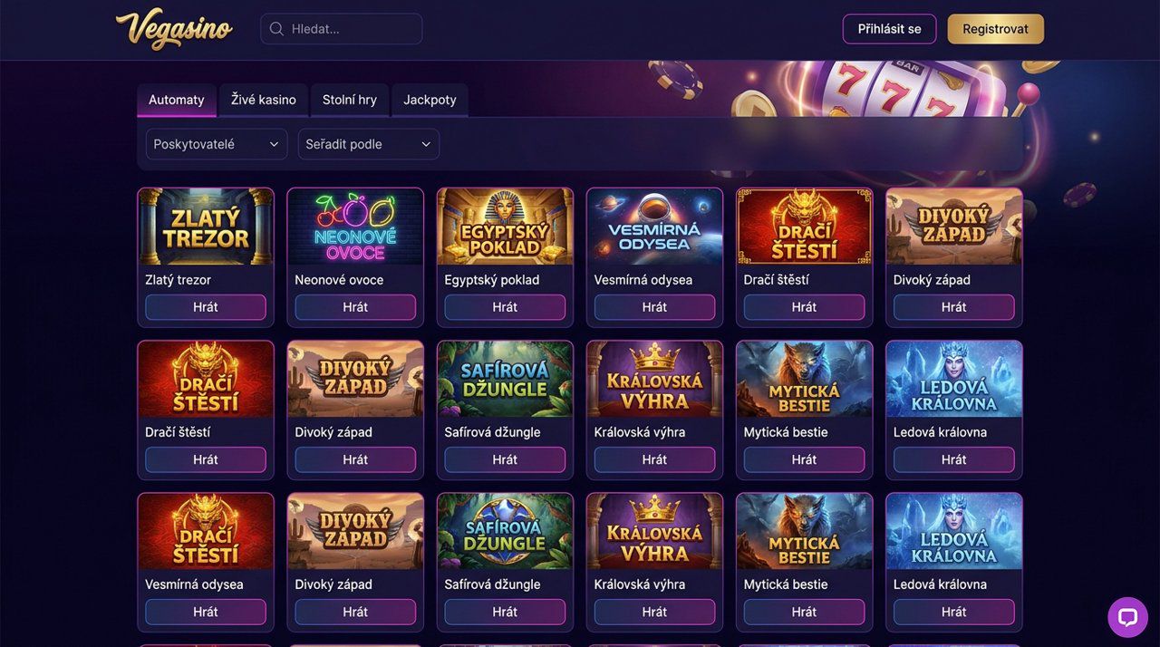 Úvodní stránka online casina Vegasino s nabídkou automatů a živého kasina