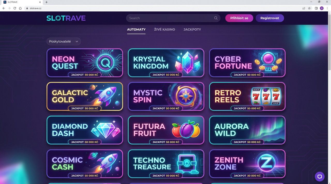 Úvodní stránka online casina Slotrave s nabídkou automatů, živého casina a jackpotů