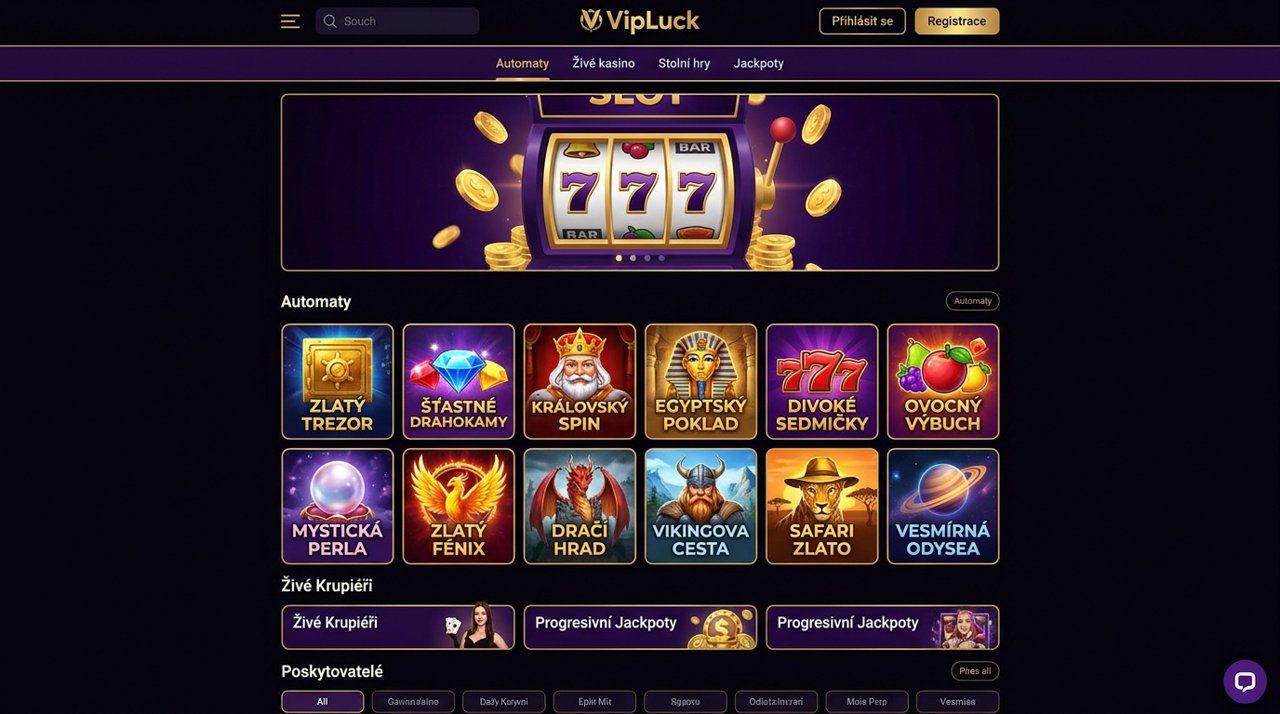 Úvodní stránka online casina VIPLuck s nabídkou automatů, živého kasina a jackpotů
