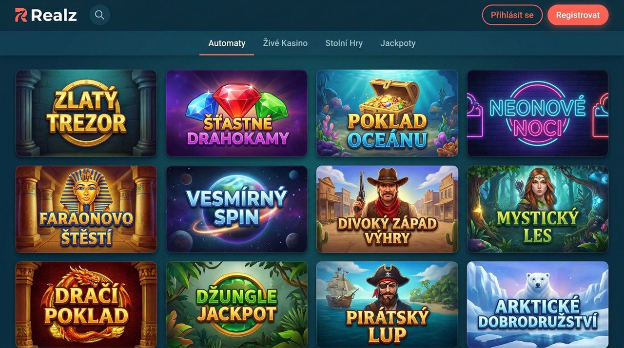 Domovská stránka online casina Realz s nabídkou automatů a živého kasina
