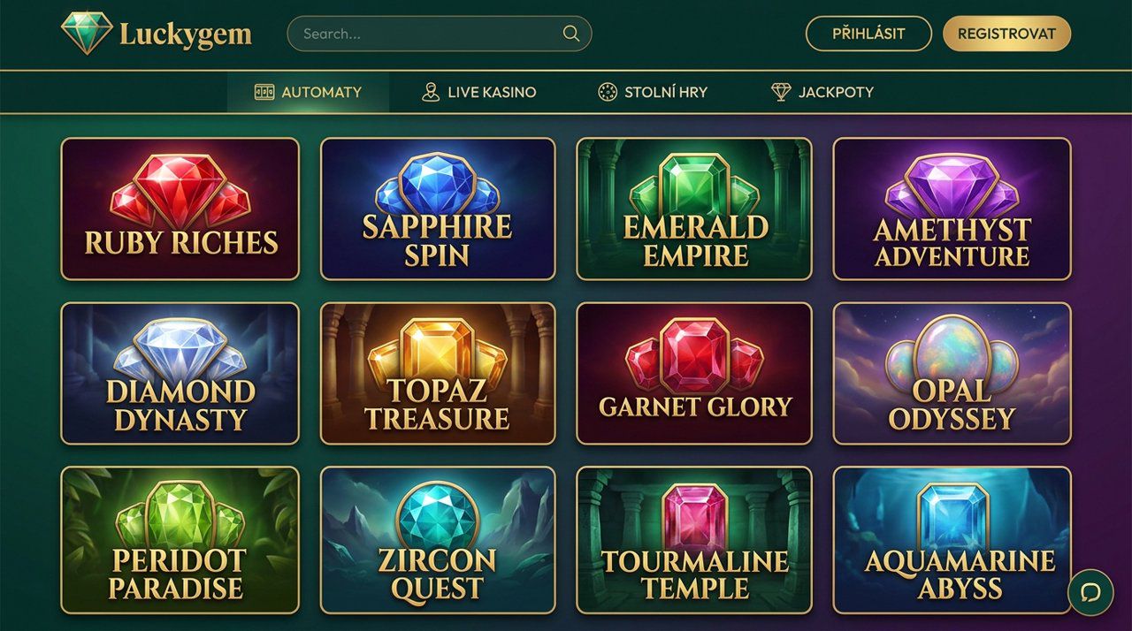 Domovská stránka online casina Luckygem s nabídkou automatů a živého kasina