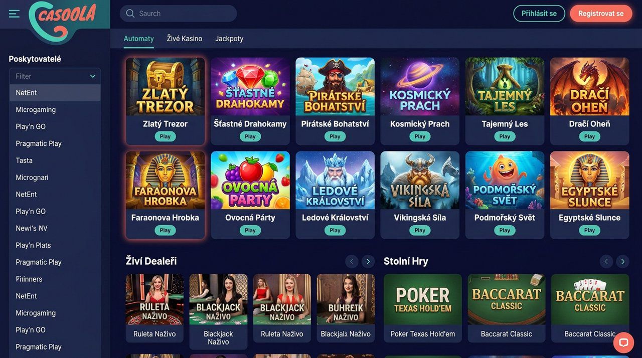 Úvodní stránka online casina Casoola s nabídkou automatů a živého kasina
